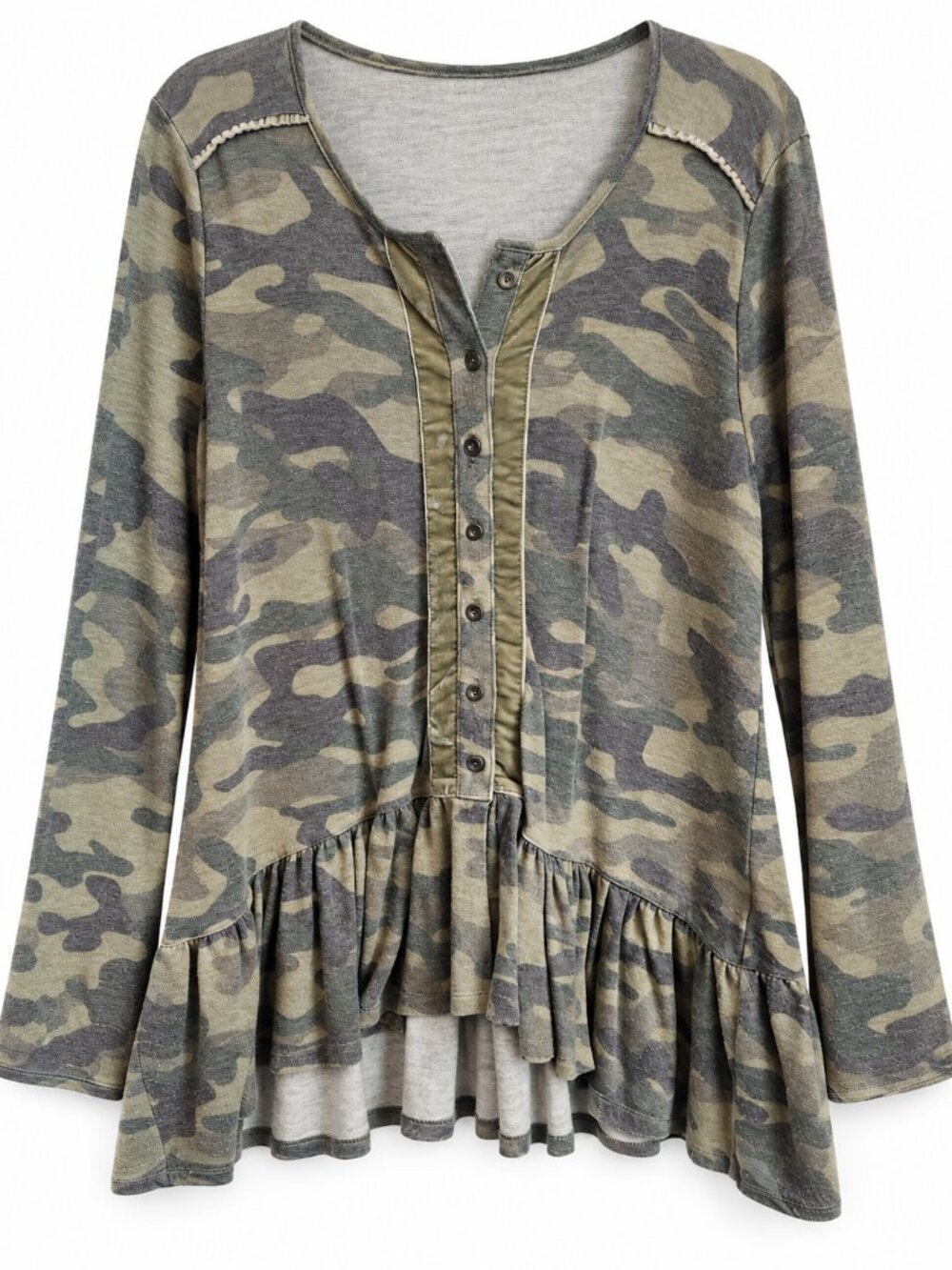 Alchemation Camo Ruffle Hem Long Sleeve Henley Top Women’s Medium
